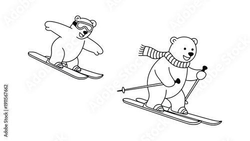 Polar bears skiing down a snowy mountain with clouds in the background