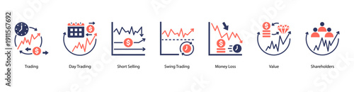 Trading Techniques web banner icon vector illustration featuring Trading, Day Trading, Short Selling, Swing Trading, Money Loss, Value, and Shareholders.