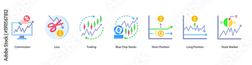 Equity Positions web banner icon vector illustration featuring Commission, Loss, Trading, Blue Chip Stocks, Short Position, Long Position, and Stock Market.