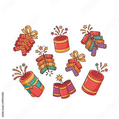 Festive Fireworks Display: A vibrant illustration showcasing a collection of colorful firecrackers in various states of ignition, symbolizing celebration and joy.