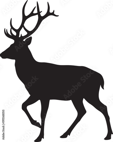 Stag silhouette walking isolated on white background with antlers