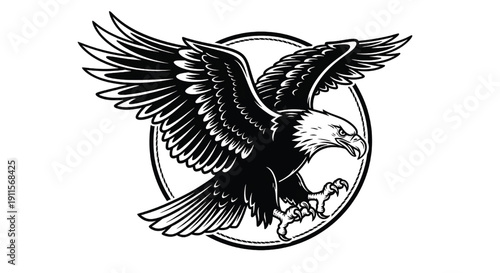 Eagle flying emblem with spread wings and sharp talons, black and white vintage vector illustration in tattoo style, bold line art mascot logo isolated