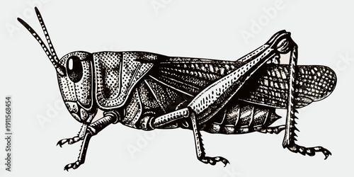 Detailed illustration of a grasshopper in a vintage engraving style
