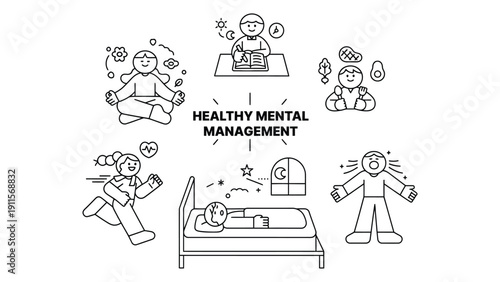 Mental health management illustration with people practicing wellness activities