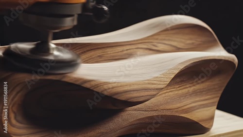 Close-up of a wood carving in progress with a rotating tool. Wood shavings visible