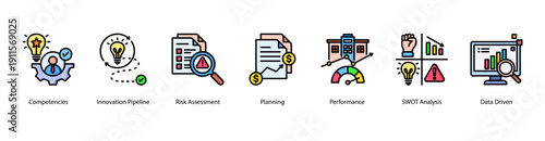 Data Driven Strategy web banner vector illustration featuring Competencies, Innovation Pipeline, Risk Assessment, Planning, Performance, SWOT Analysis, and Data Driven.