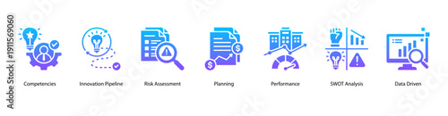 Data Driven Strategy web banner vector illustration featuring Competencies, Innovation Pipeline, Risk Assessment, Planning, Performance, SWOT Analysis, and Data Driven.