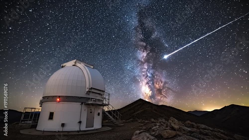 Observatory beneath a vibrant night sky filled with the Milky Way and a shooting star