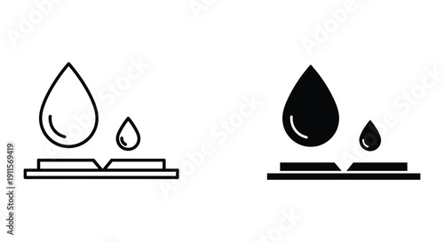 Black and White Water Droplet Icons on Simple Platforms, Minimalist Design Elements