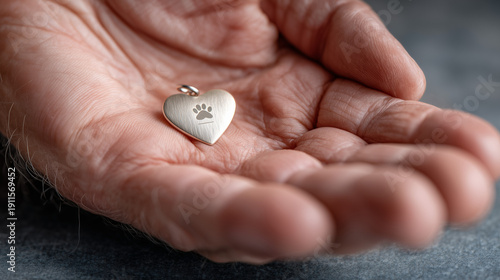 Fair Hand Holding Heart-Shaped Paw Print ID Tag on Charcoal

