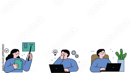 Laptop vector illustration of people working and taking a break