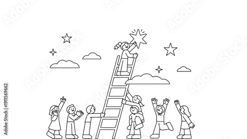 Ladder vector illustration of people reaching for a star together