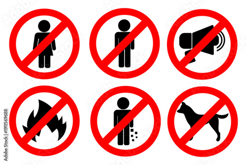Prohibition sign symbol warning vector red icon hazard danger forbidden stop safety female male no loud noise fire littering dog