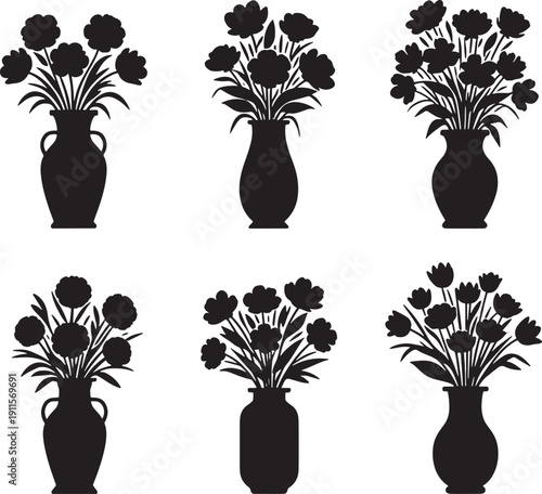 Set of black silhouette vases with flowers on white background