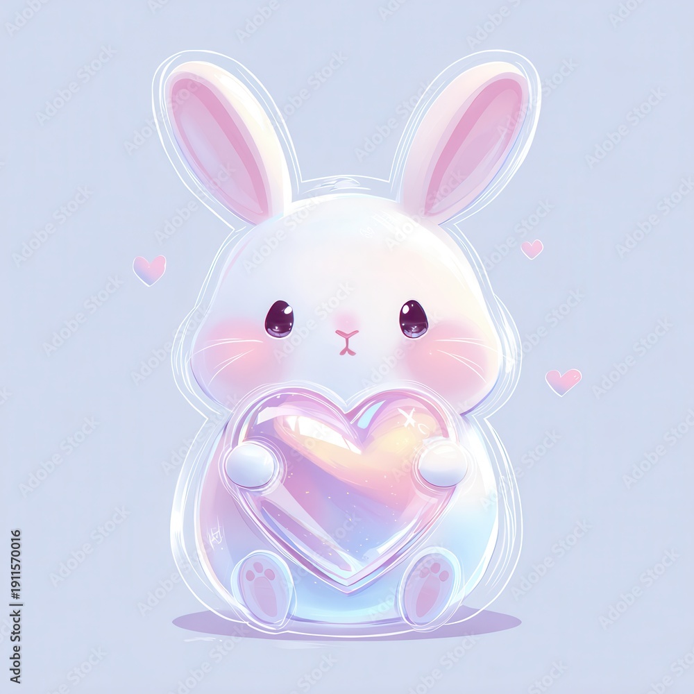 Obraz premium Cute cartoon bunny holding a shiny heart with pastel colors in a simple background on a bright day