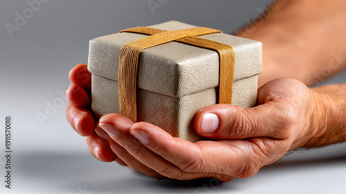 Fair Hands Holding Unopened Cardboard Box with Brown Tape Grey

