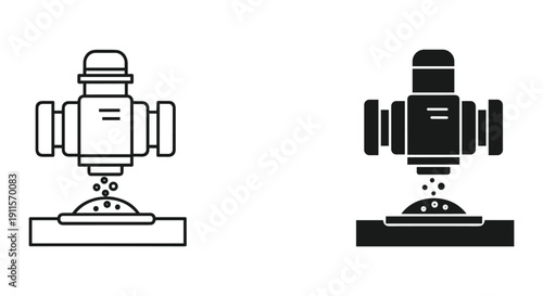 Fire sprinkler head icon set with water droplets, black and white style, safety symbol