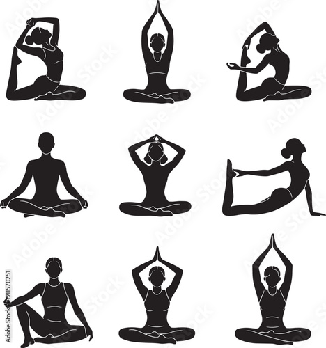 Set of women in various yoga poses and meditation on white background
