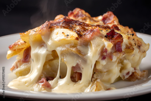 Wallpaper Mural Sliced Tartiflette with Melted Cheese and Crispy Bacon on White Plate Against Dark Background Torontodigital.ca