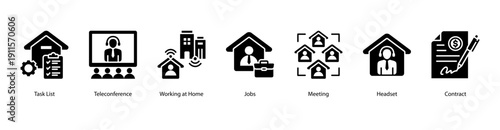 Virtual Collaboration web banner vector illustration featuring Task List, Teleconference, Working at Home, Jobs, Meeting, Headset, and Contract.