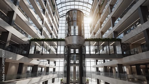 An architectural interior view of a modern atrium, multiple levels, glass elevator, sunlight