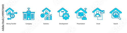 Corporate Operations web banner vector illustration featuring Money Transfer, Company, Statistics, Development, Presentation, Email, and Search.