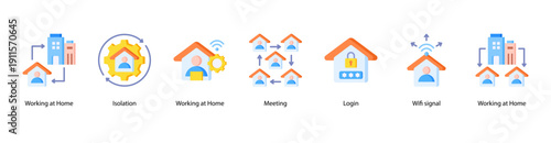 Remote Work Life web banner vector illustration featuring Working at Home, Isolation, Working at Home, Meeting, Login, Wifi signal, and Working at Home.