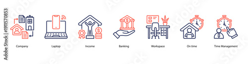 Business Essentials web banner vector illustration featuring Company, Laptop, Income, Banking, Workspace, On time, and Time Management.
