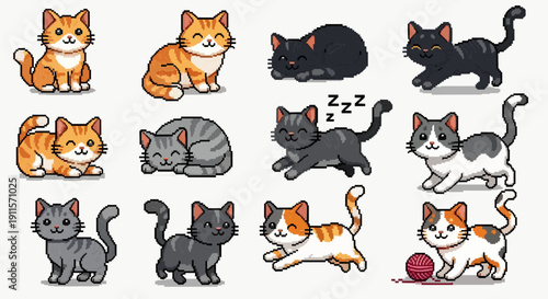 cute cat pixel art set. Animal for game asset and cross stitch pattern in vector illustration.