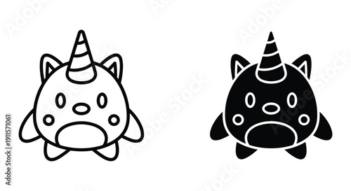 Adorable Cartoon Unicorn Pig Illustration in Black and White