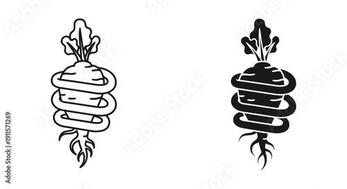 Black and White Turnip or Radish Illustration on White Background