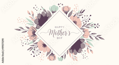 Vector Happy Mother's Day floral wreath with pink and purple flowers and leaves on beige background