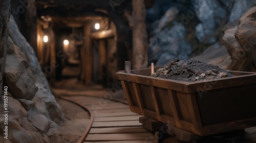 Dark and atmospheric mine tunnel leading to hidden treasures, showcasing age-old mining tools and rich earthy textures, perfect for adventure and exploration themes. Eerie dim lighting highlights