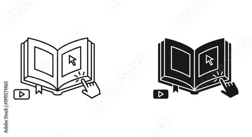 Digital Book Illustration with Cursor and Play Icon in Black and White