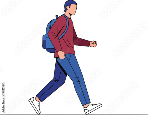 Faceless young man in a red sweater and blue pants walking purposefully with a backpack.