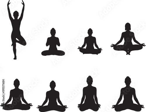 Set of women in various yoga poses silhouettes on white background
