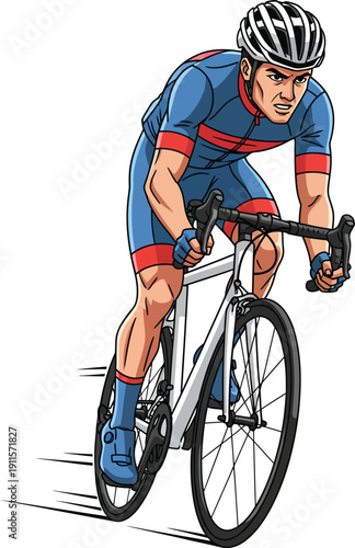 Focused male road cyclist in a blue and red uniform with a determined expression.