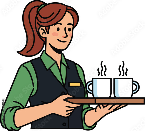Friendly waitress in a green uniform and vest serving two steaming hot mugs on a tray.