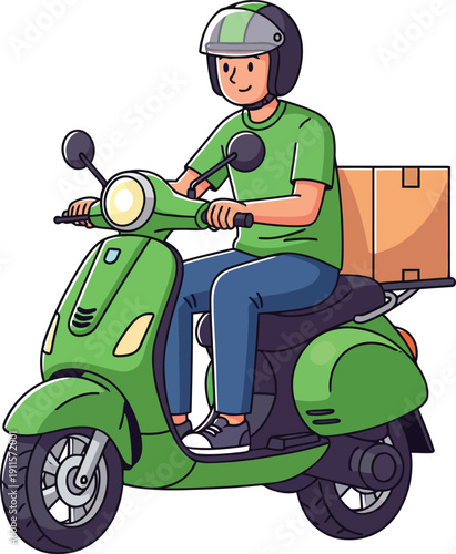 Illustrated delivery courier in a green uniform and helmet riding a matching green scooter with a package.