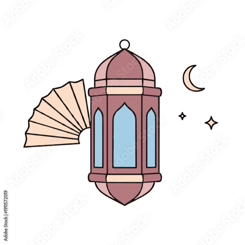 Illustration of a lantern with crescent moon and stars in the night sky