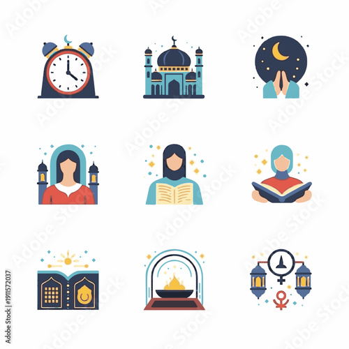 Ramadan icons collection featuring mosque, prayer, fasting, and worship illustrations from a cultural perspective