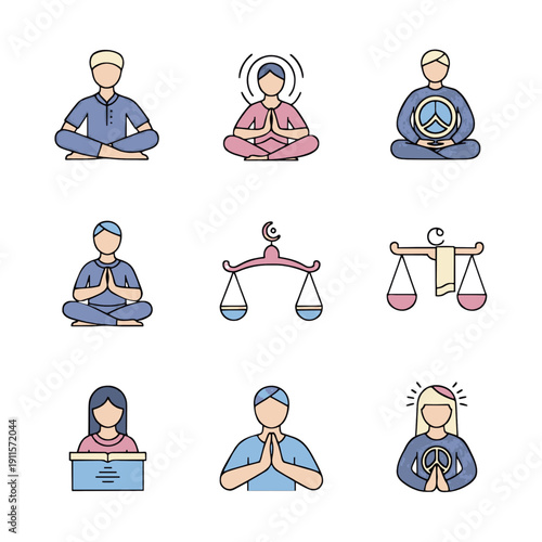 Illustration of people meditating and praying in various poses with symbols of peace and justice