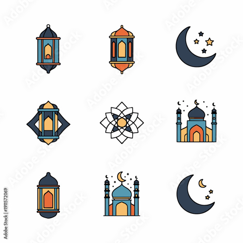 Islamic themed illustrations collection featuring lanterns, mosques, and crescent moons in various designs and layouts