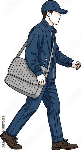 Illustration of a man in a blue uniform and cap walking in profile with a grey shoulder bag.