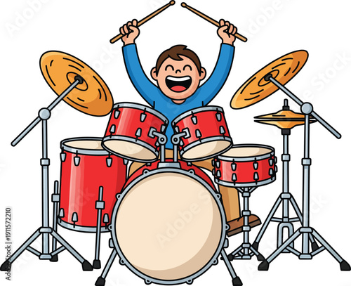 Joyful cartoon boy in a blue shirt with arms raised playing a vibrant red drum set.