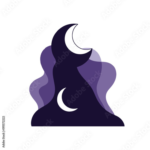 Illustration of a person gazing at the crescent moon in a serene night sky with a silhouette