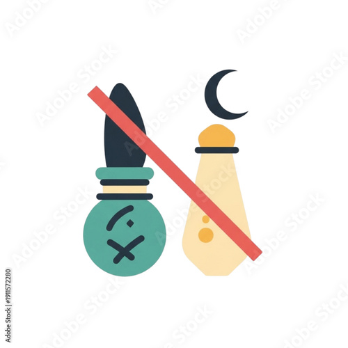 Ramadan concept illustration featuring crescent moon and fasting symbols with prohibition mark