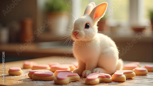 Adorable white bunny with pink ears surrounded by heart-shaped pink-frosted cookies on a wooden table, perfect for Easter or spring themes.