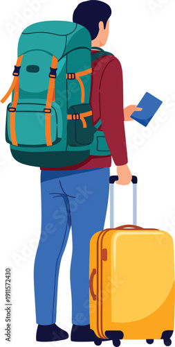 Male traveler seen from the back carrying a large green backpack and pulling a yellow suitcase.