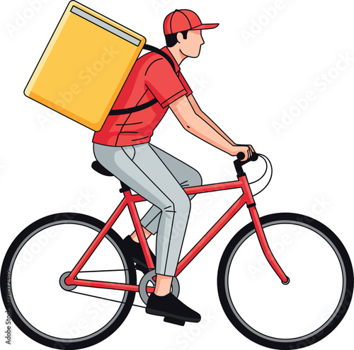 Profile illustration of a food delivery cyclist in a red uniform riding a red bicycle with a large yellow backpack.